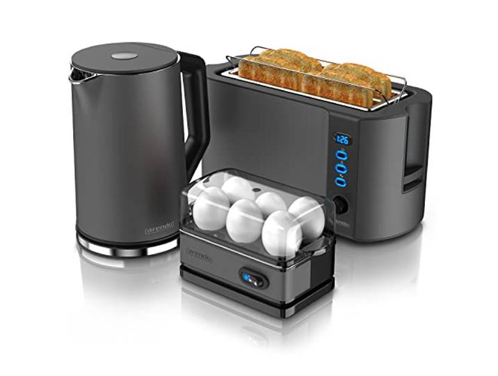 Arendo - Wasserkocher mit Toaster SET und Eierkocher, Edelstahl Cool Grey Wasserkocher 1,5L 40° 100°C Toaster 4 Scheiben LED-Display 6 Bräunungsgrade Eierkocher 1-6 Eier Messbecher