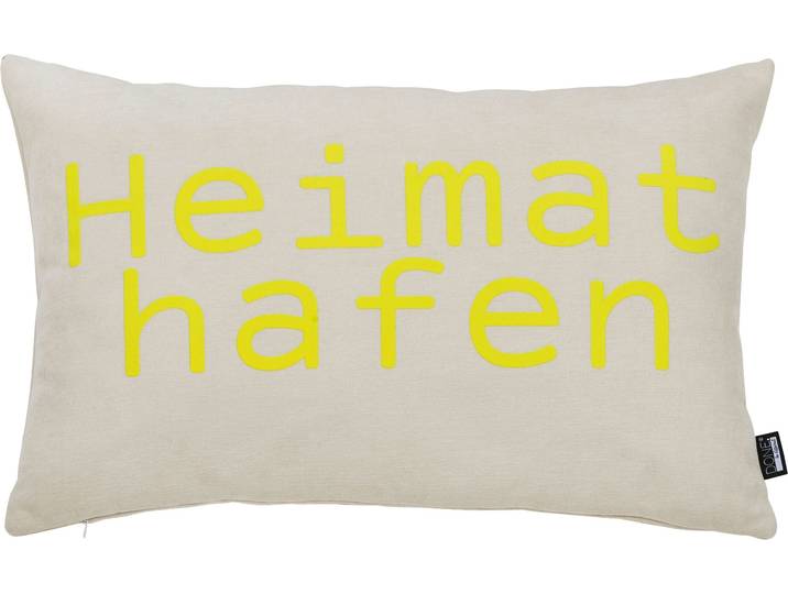 Dekokissen DONE. HEIMATHAFEN , beige (beige, neon gelb, schriftzug), B:40cm L:60cm, Polyester, Dekokissen_Sitzkissen_Kissenhüllen, Dekokissen, Extra weiche Haptik