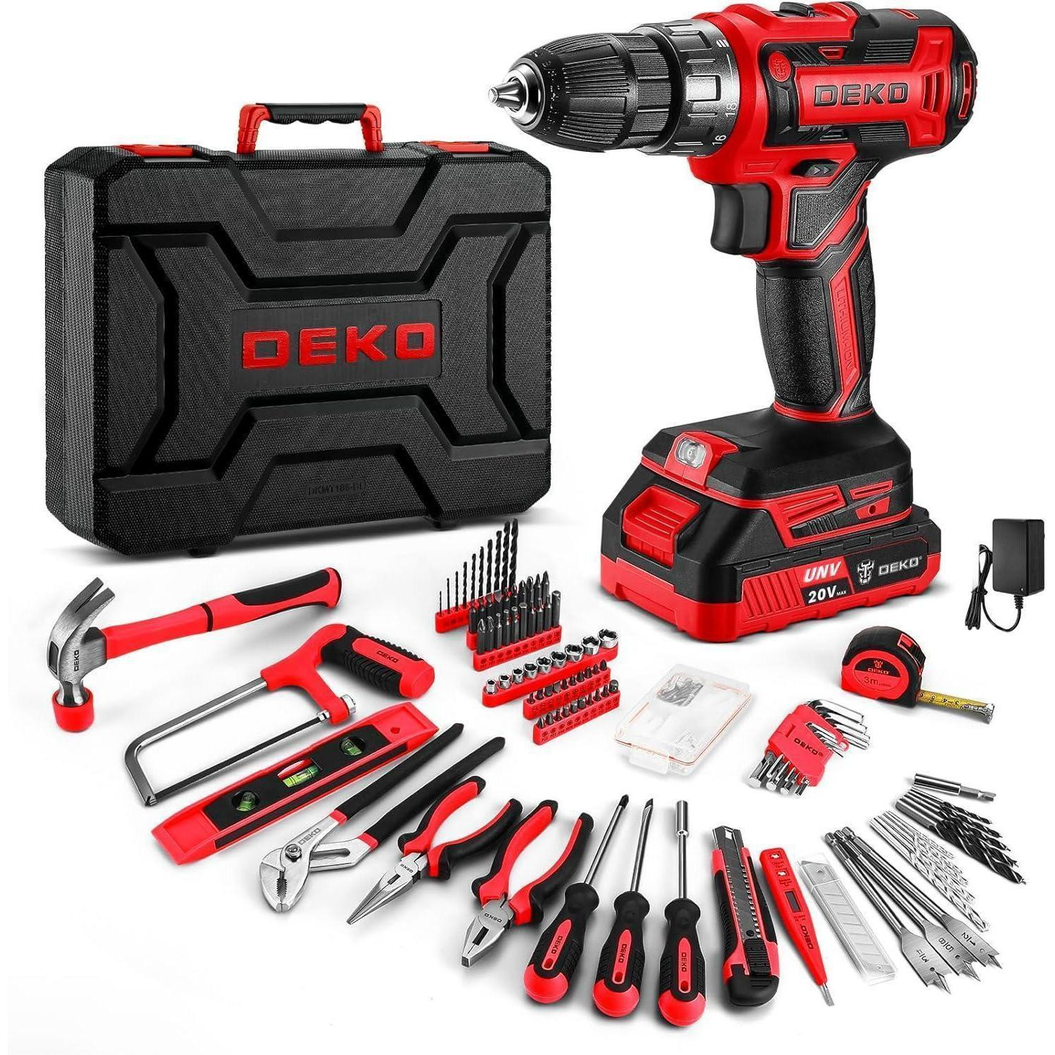 DEKO Gereedschapskoffer met 186 onderdelen en 20V accu-boormachine/schroefmachine, rood