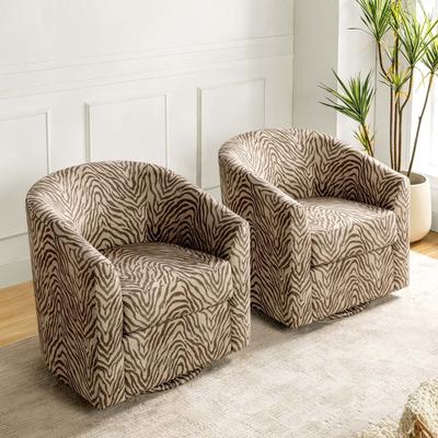 ARTFUL LIVING DESIGN Cuenca Modern Living Room Wooden Upholstered 360° Swivel Barrel Chair with Metal Base and Wide Backrest Set of 2