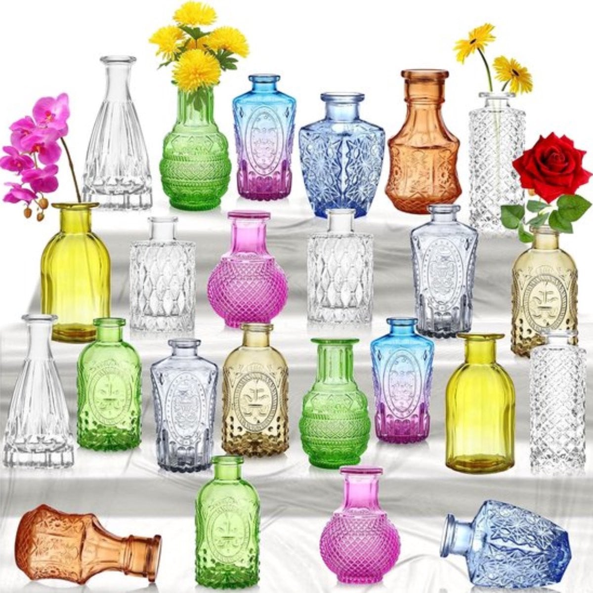Set van 24 veelkleurige glazen vazen met vintage design voor interieurdecoratie