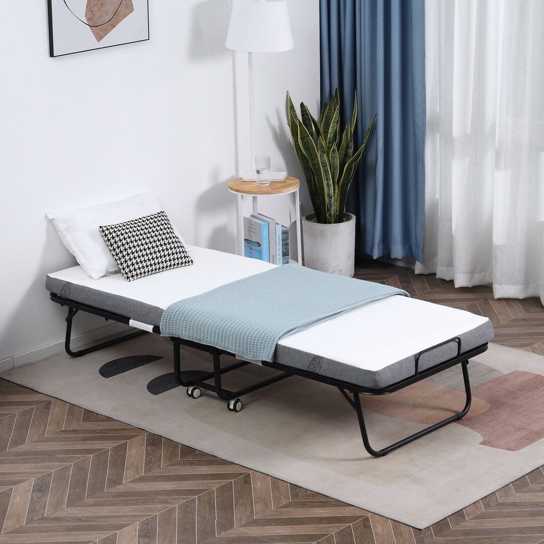 White Noise HOMCOM Folding Bed with 10cm Mattress, Portable Foldable Guest Bed with Wheels UK Small Double - DE 120 x 190 cm
