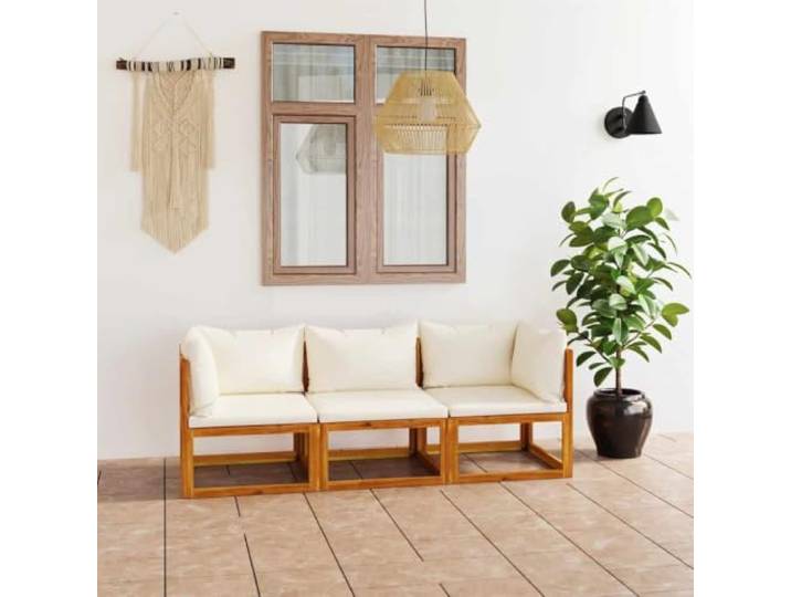 Bois d'acacia massif Résistant aux intempéries Canapé 3 places Crème 34 Canapé de jardin 3 places avec coussin crème en bois d'acacia résistant aux intempéries pour patio terrasse balcon