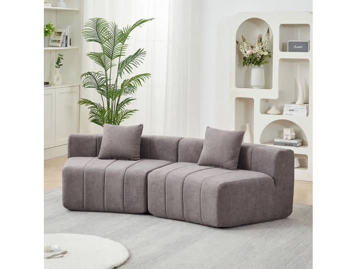 MEULVA Canapé modulable incurvé 2 places en chenille grise avec 2 coussins sans montage