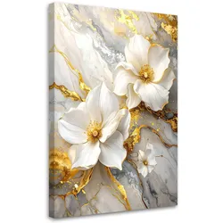WANDBILD, Weiße Magnolien mit zartem Gold auf einem hellen Marmorhintergrund