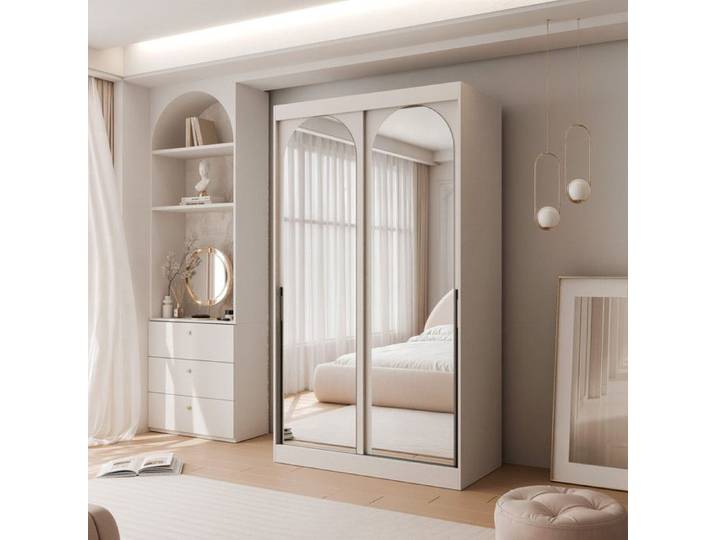Armoire CLARITY - 7 compartiments - avec miroir - 120x65x215 cm - Cachemire / Poignées noires