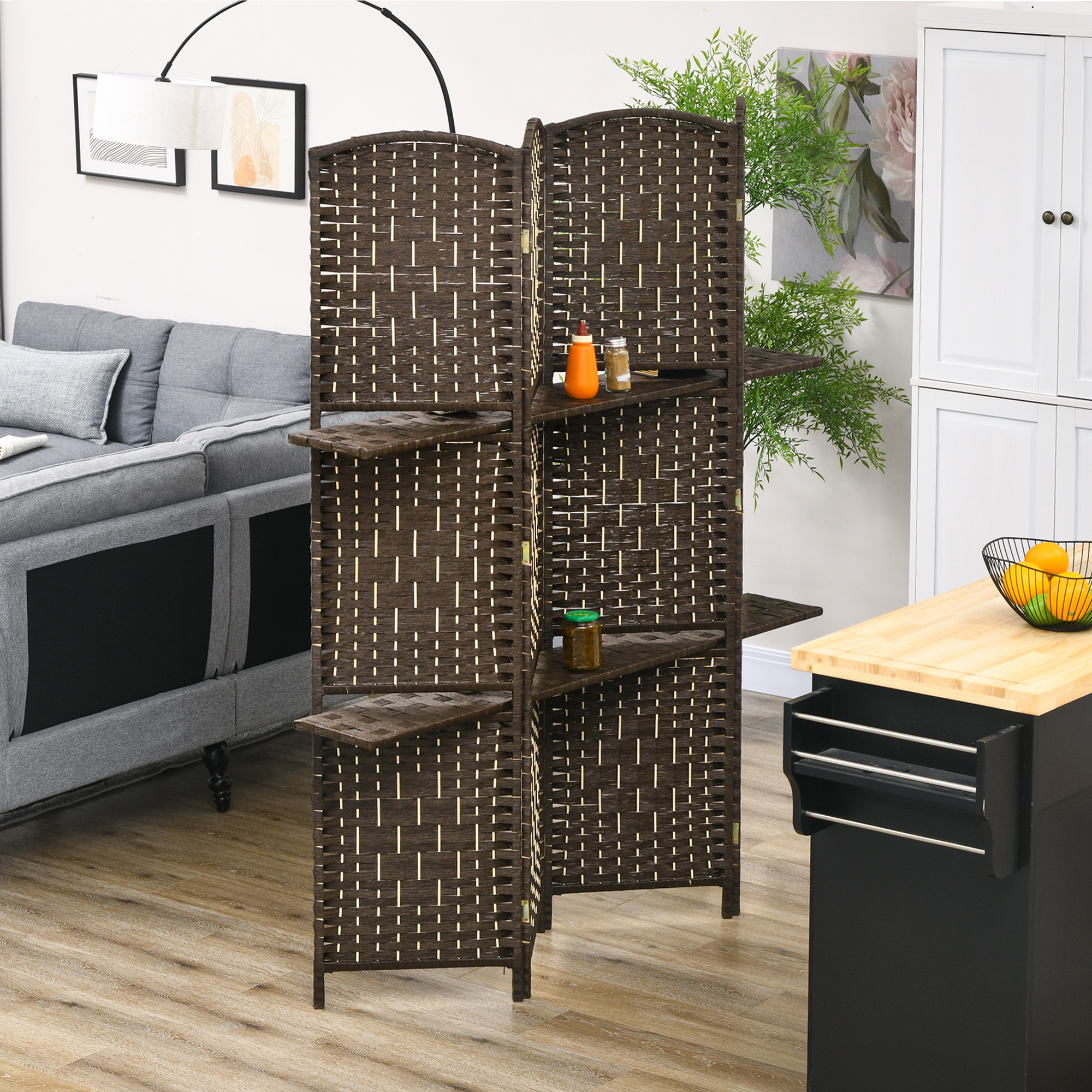 Homcom Paravento separatore di ambienti 4 pannelli 160 x 170 cm con 2 mensole, pieghevole, in legno