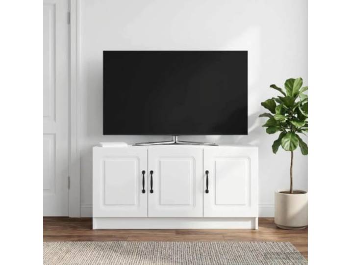 GKMBCVDFR TV-Schrank Weiß 99 x 34,5 x 47 cm Holzwerkstoff mit 2 Fächern Moderner TV-Schrank, Holzwerkstoff, weiße Oberfläche, schwarze Bogenpullgriffe, zwei Staufächer, Wohnzimmer