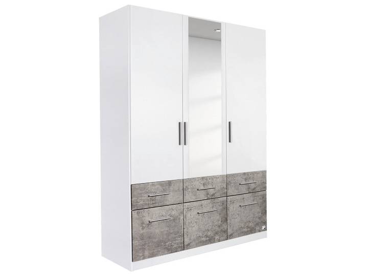 Xora Drehtürenschrank, Weiß, Grau, Betonoptik, 2 Fächer, 6 Schublade(n) Schubladen, 136x197x54 cm, Made in Germany, Goldenes M, RAL Testat, Blauer Engel, umfangreiches Zubehör erhältlich, in verschiedenen Größen und Holzdekoren erhältlich, Schlafzimmer, Kleiderschränke, Kleiderschränke 3-türig
