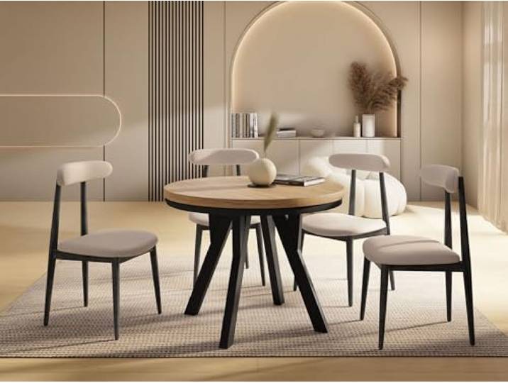 WFL GROUP Runder Ausziehbarer Esstisch im Loft-Stil – Verlängerbarer Tisch mit Schwarzen Holzbeinen & Metallring – Platzsparender Esstisch für Wohnzimmer – Eiche Braun – 80 bis 130 cm