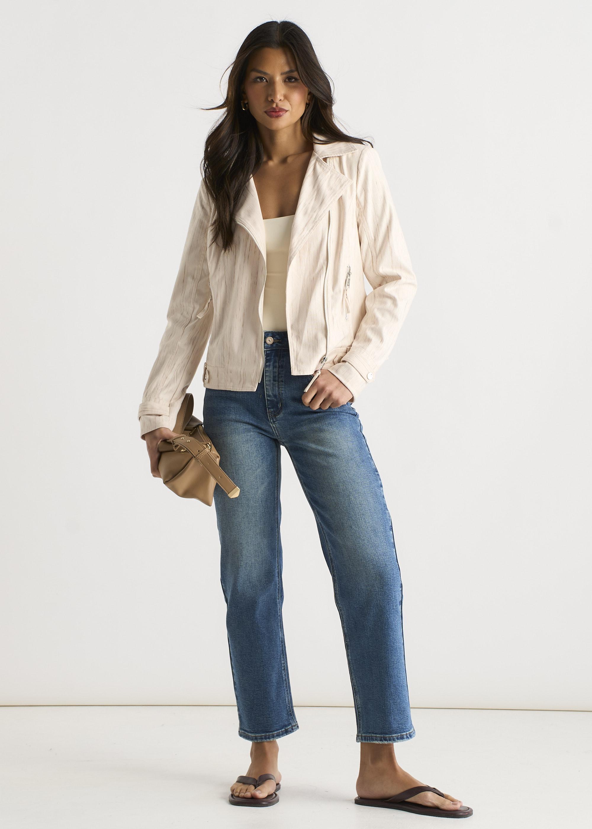 Beige Cord Biker Zip Up Jacke