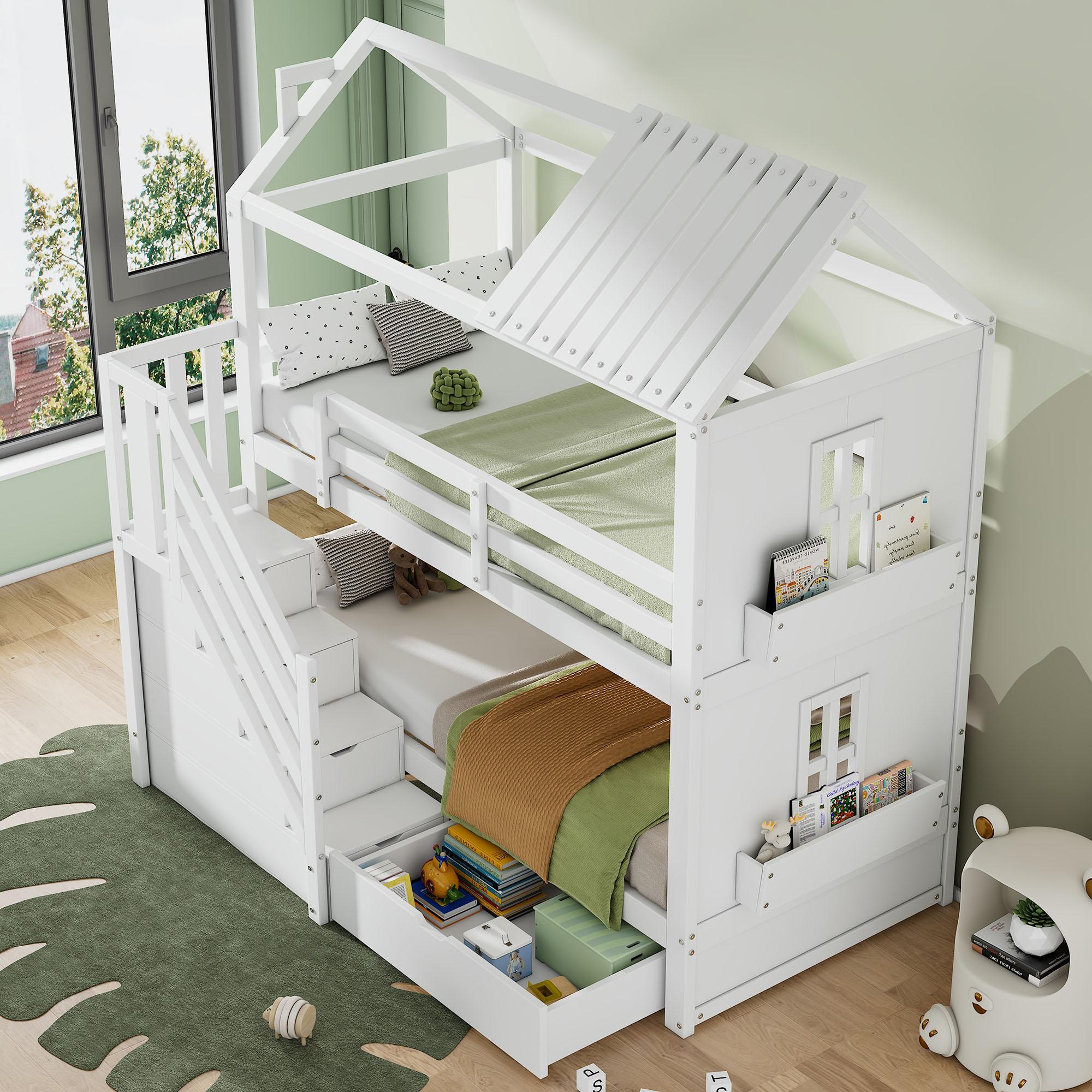 Sweiko Kinder-Etagenbett, 90x200cm, Multifunktionales Kinderbett, mit Stauraumtreppe & Schubladen & Regalen, Extra großer Stauraum, Ohne Matratze, Kiefer + MDF, Weiß