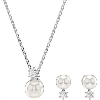 Ohrring und Ketten Set SWAROVSKI "Schmuckset Multipack Schmuck Geschenk Matrix", weiß (metallfarben, kristallweiß, weiß, kristallweiß), Schmuck_Sets, Damen, Metall, Perlen, mit Swarovski Kristallen, mit Swarovski Perle