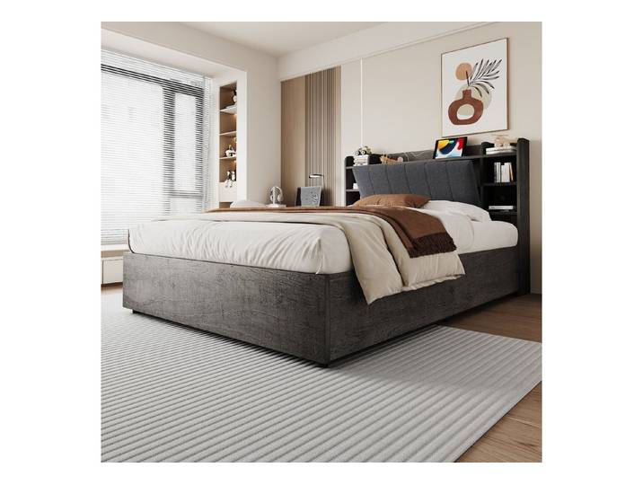 Celya Holzbett Polsterbett 180x200 cm mit Stauraum (ohne Matratze, Kopfteil mit Stauraum, Ausgestattet mit USB-Anschluss und Tape-C-Steckdose)