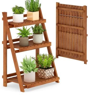 Costway Foldable 3-Tier Solid Wood Plant Stand for Patio Balcony