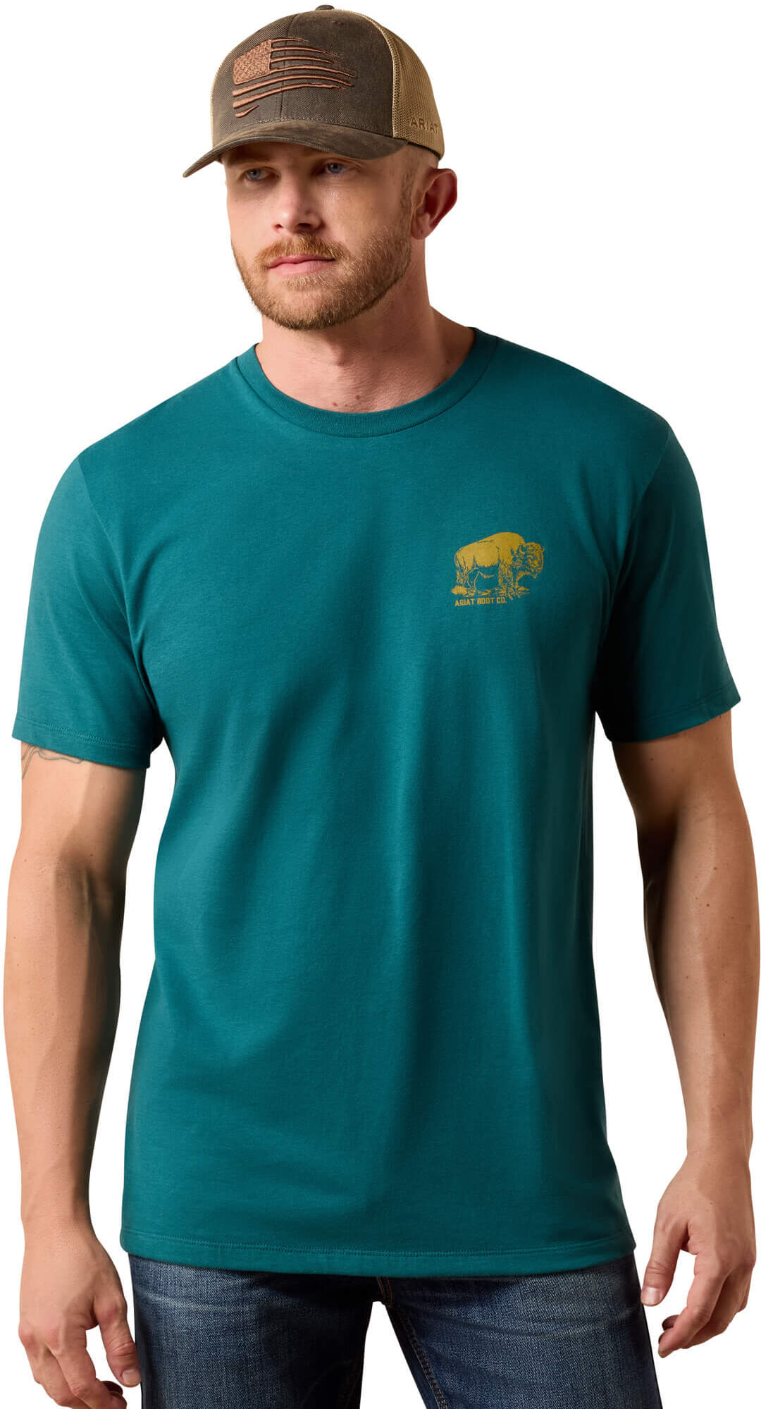 Men's Bison Wander Flag Classic Fit T-Shirt in Mediterranean Cotton, Size: Small by Ariat