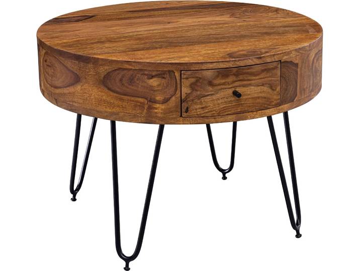Wohnling Couchtisch Sheesham Massivholz Metall Rund 60x44,5x60cm mit Schubladen Braun