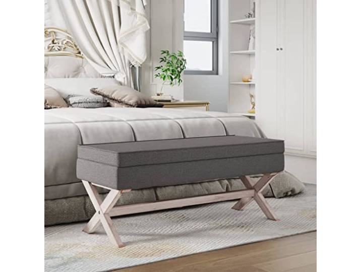 VIHHQGC Hocker Mit Stauraum Dunkelgrau 110x45x49 cm Stoff Stauraum unter Sitzfläche, Holzbeine, Schaumstoffpolsterung, Vintage-Design, 110 kg Belastbarkeit