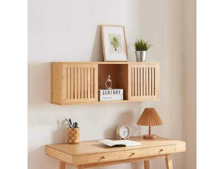 [en.casa] Wandregal Grums Hängeregal mit 2 Schiebetüren Bücherregal schwebendes Regal aus Bambus 92,5x20x33cm für Wohnzimmer, Küche, Bad