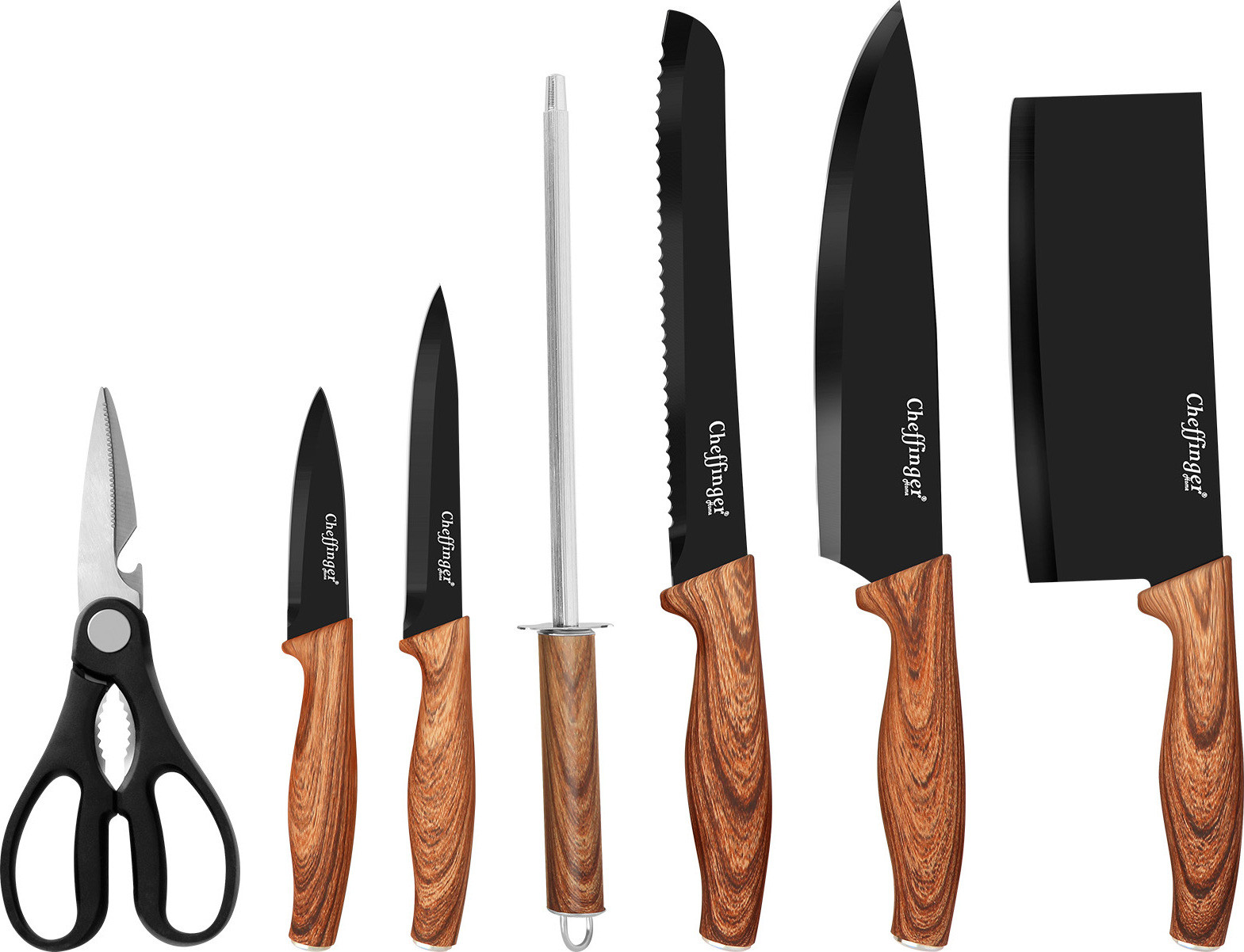 Cheffinger Messenset met 7 messen en zwarte houder in houtlook