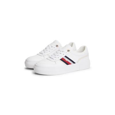Plateausneaker TOMMY HILFIGER "TH PLATFORM VULC LEATHER", Damen, Gr. 39, Textil, weiß, Leder, Lederimitat, Textil, Schuhe Plateausneaker, Freizeitschuh, Halbschuh, Schnürer, seitliche Streifen in Tommy Farben