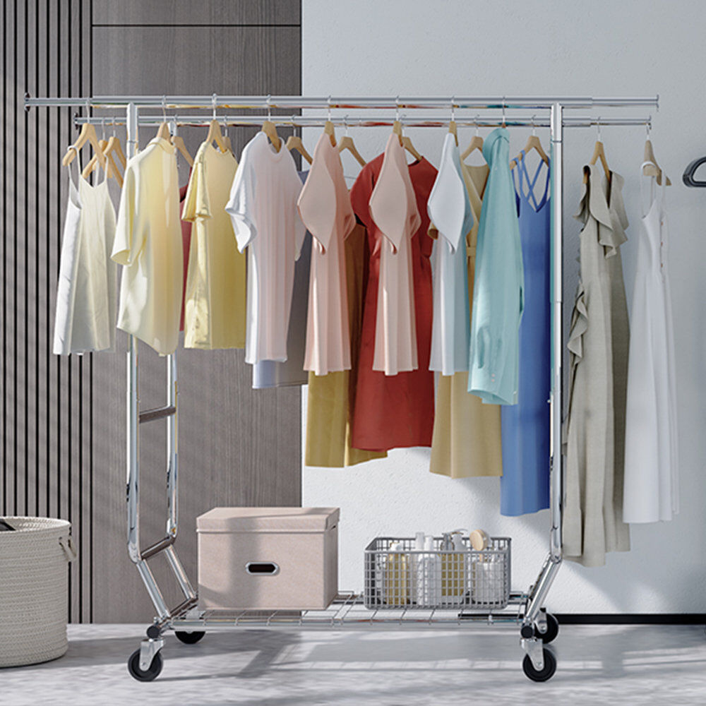 HOKEEPER Double Rail Clothes Rack on Wheels, 295kg(650lbs) Capacity with Bottom Shelf, Extendable Length & Height Black