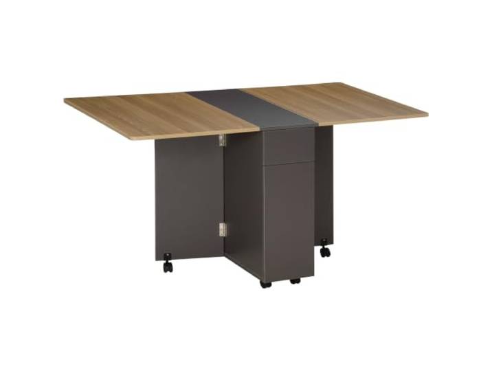 HOMCOM Klappbarer Esstisch auf Rollen mit Stauraum 2 Schubladen und 1 Schrank 76 x 140 x 74 cm Grau und Naturholz