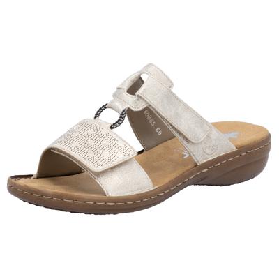 Pantolette RIEKER, Damen, Gr. 41, Synthetik, beige (creme), Lederimitat, metallic, Schuhe Pantolette, Sommerschuh, Strandschuh, Klettschuh mit Perforation