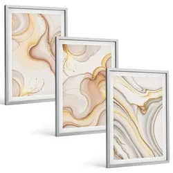 BILDER SET 3er Set - 40x60 cm Silberner Rahmen - Lineare abstrakte Motive