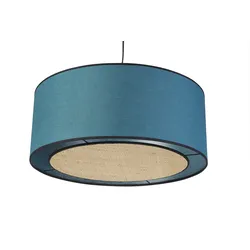 Hängeleuchte aus pfauenblauem Leinen und Bast D 50 cm TRAVES