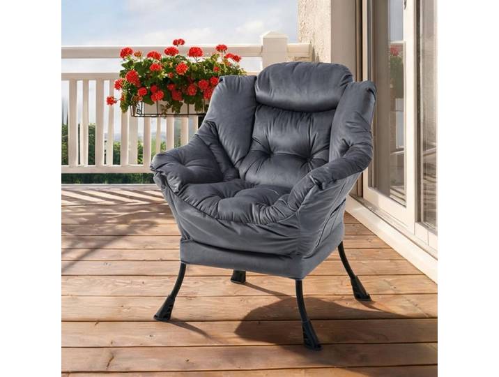 Chaise relaxante en métal et tissu gris foncé avec poche latérale design contemporain pour chambre et salon