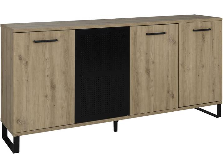 Sideboard, Metall und Spanplatte, Artisan Eiche Nachbildung/Schwarz, 178×86×41 cm, 4 Türen, Soft-Close, GAMI CRAFT