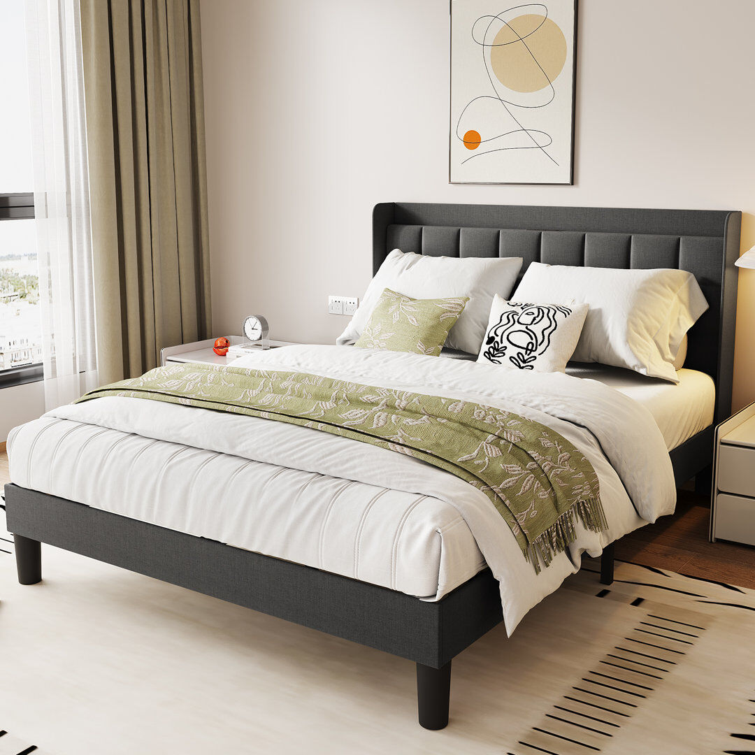 17 Stories Modern Linen Upholstered Bed Frame with USB Charging Station Beige Single (3')