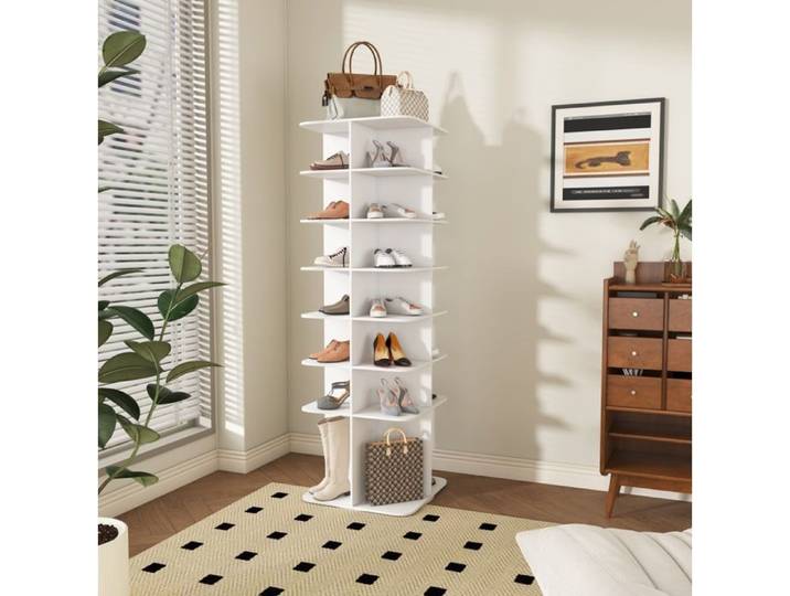 Meuble a chaussures rotatif 360° - 7 etageres - PVC blanc - 60 x 60 x 184 cm