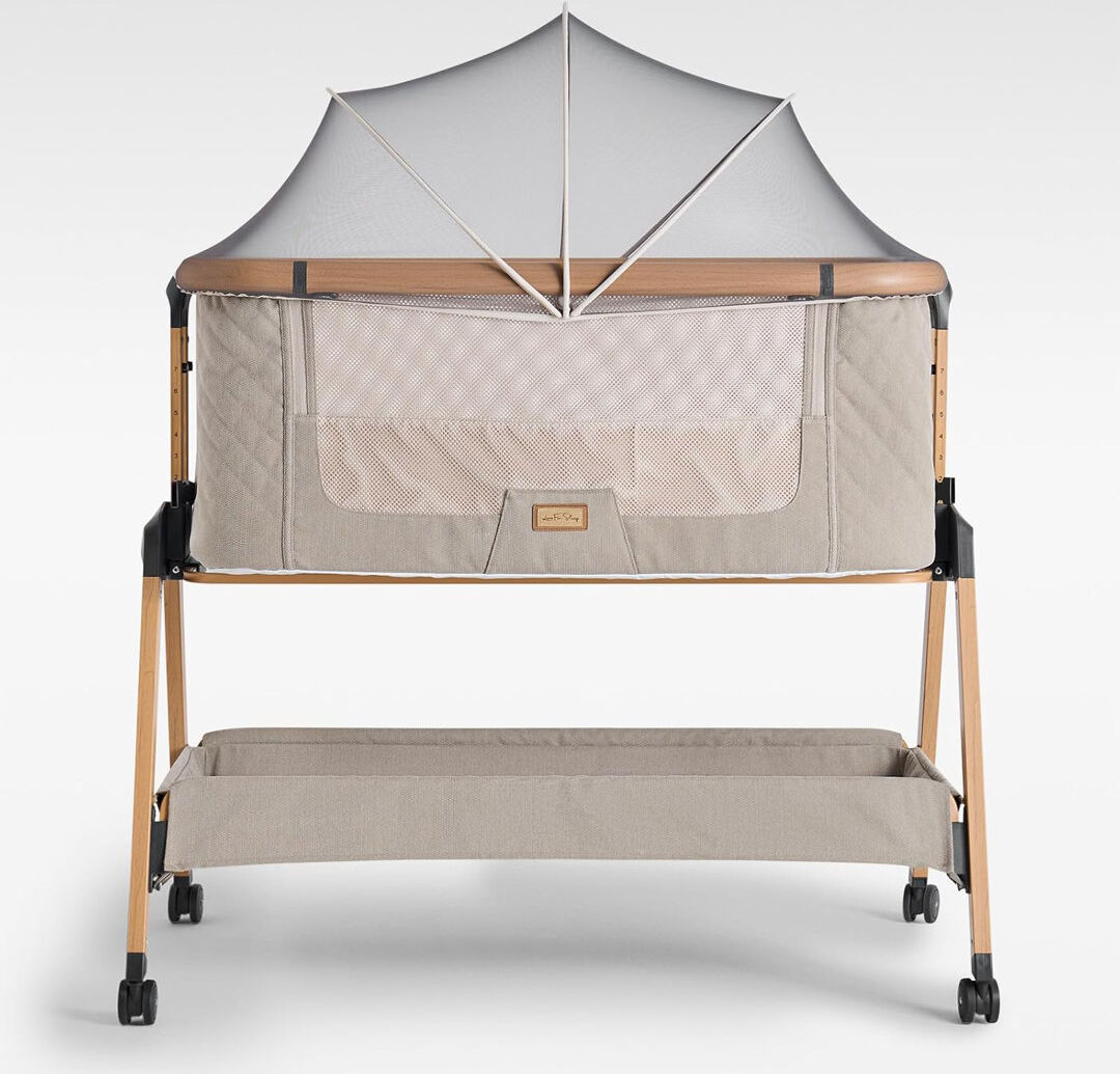 East Urban Home Bedside Cot with Mattress and Stand Medium Yellow Wood 91cm H X 55cm W X 83cm L