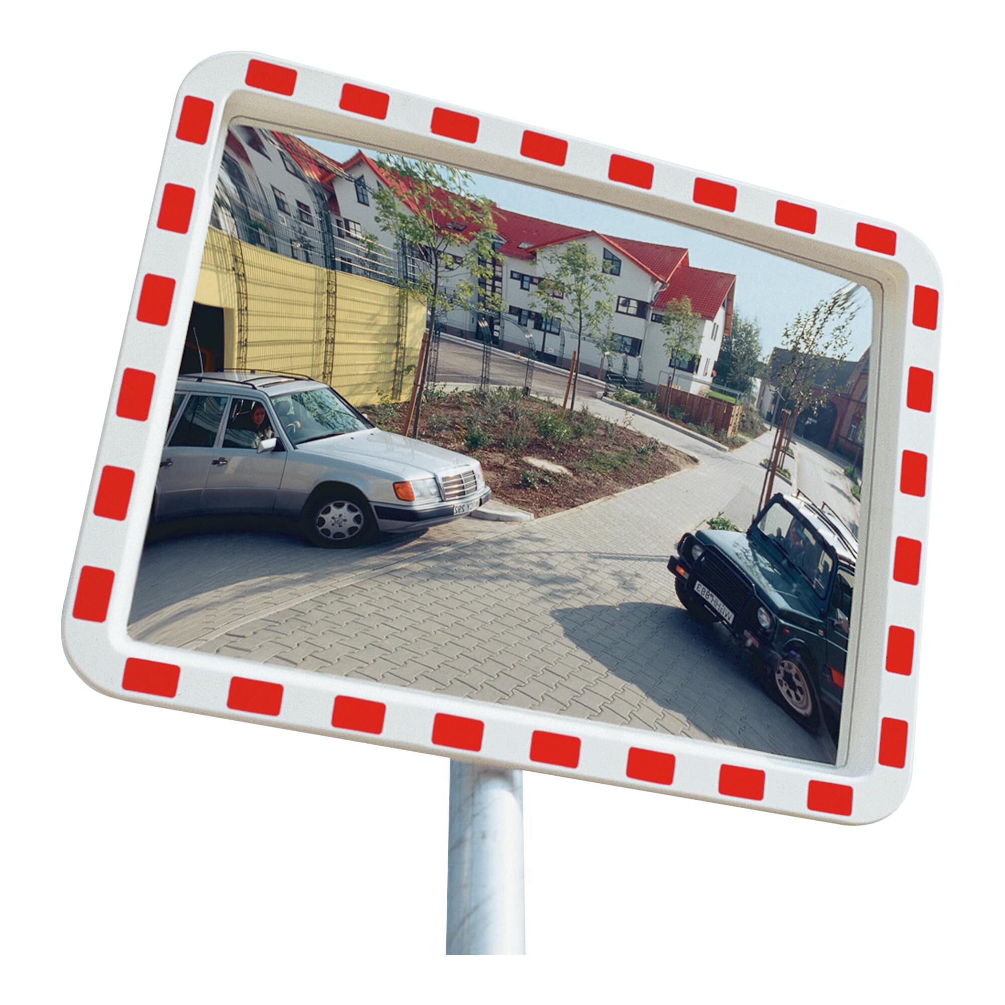 Moravia Verkehrsspiegel aus Acrylglas 600 x 800 mm Rahmen rot/weiß + Schelle 76 mm für Straßen und Parkplätze, 243.12.742)