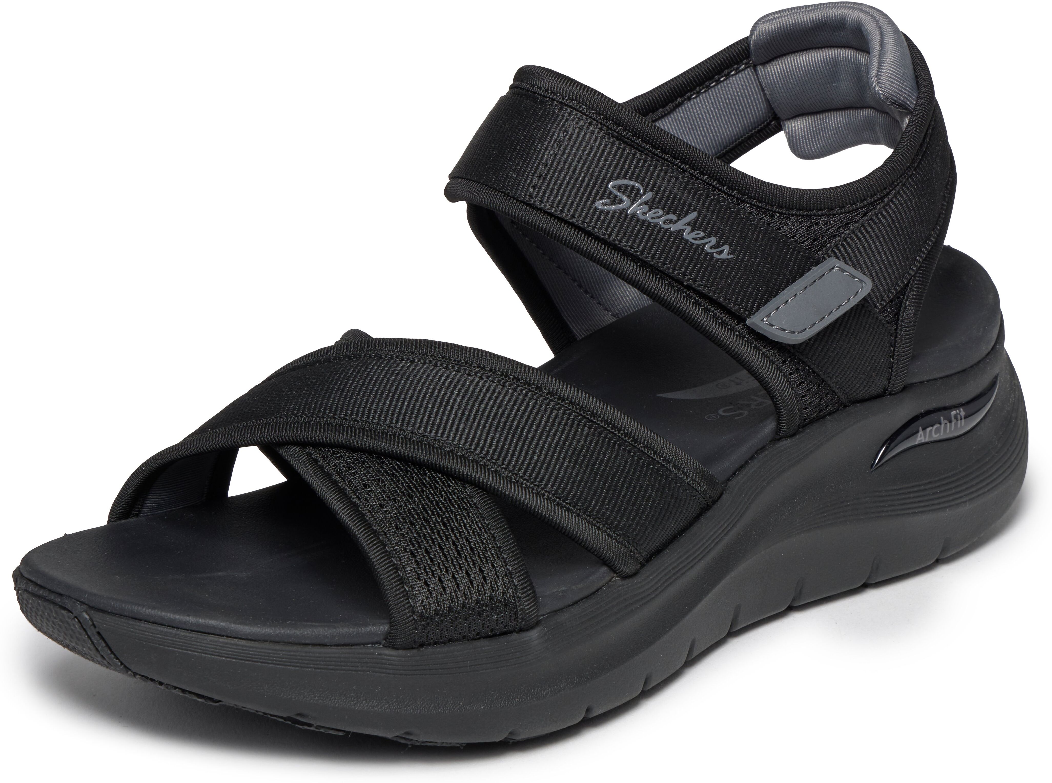Sandale SKECHERS "ARCH FIT 2.0 SANDAL", Damen, Gr. 35, Textil, schwarz (schwarz, grau), kontrastfarbene Details, Schuhe Sandale, Freizeitschuh, Trekkingschuh mit Arch Fit schwarz, grau 35, Textil