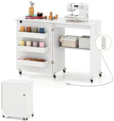 Costway Sewing Machine Table with Charging Station and Lockable Casters-White