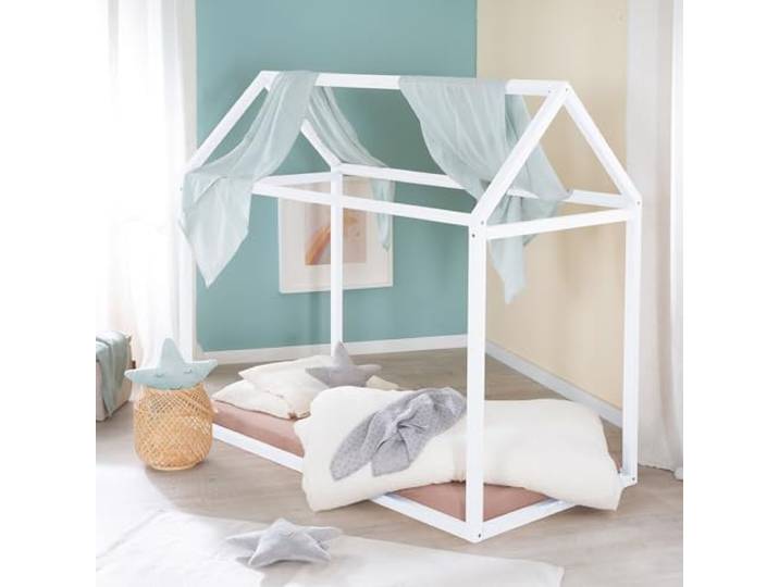 roba Montessori Hausbett 70 x 140 cm – bodennahes Kinderbett aus FSC-zertifiziertem Massivholz – Hausbett ab 12 Monaten – Weiß