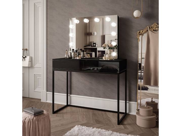 Schminktisch BLANCO LOFT ELITE mit Spiegel und Beleuchtung schwarz Hochglanz