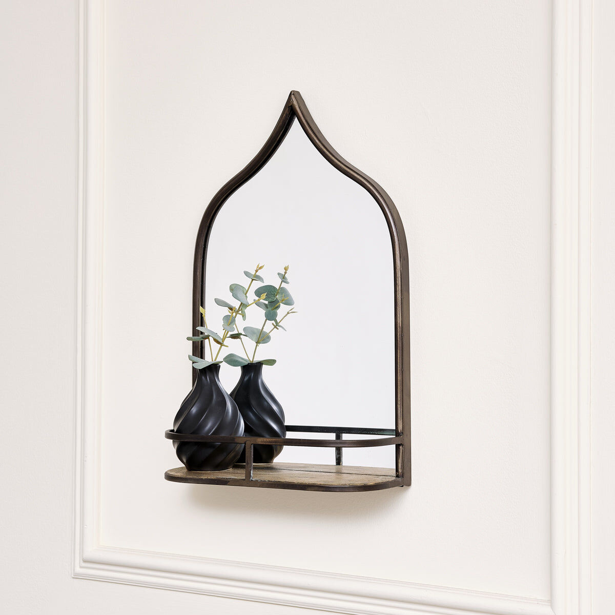Rustic Metal Arched Mirror With Gold Shelf - 48cm x 30cm Metal, Glass
