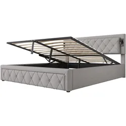 OKWISH Polsterbett Leinen Grau 180x200 cm, mit USB-Anschlüssen, Downlights, hydraulischem Stauraum und Holzlattenrost