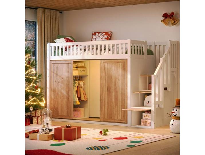 DRIPEX Lit mezzanine LED 90x200cm avec armoire et placard sous l'escalier Lit enfant avec Porte coulissante sous le lit