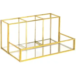 Intirilife Make Up Organizer aus Glas für Kosmetik mit Gold Rand und Spiegelboden -  20.1 x 14.2 x 10.3 cm Schmink Aufbewahrungsbox Ablage für Pinsel