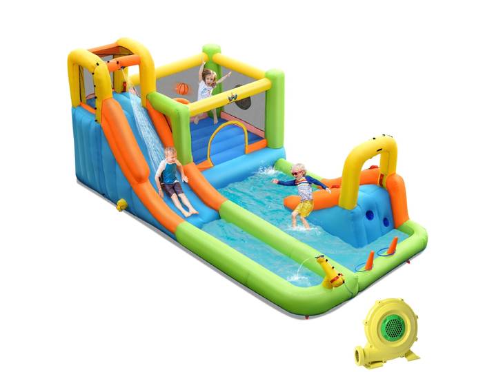 Springkasteel met 680 W Ventilator Basketbalmand Ringwerpspel Waterpark voor Buiten incl. Opblaasbare Basketbal Draagtas Reparatieset