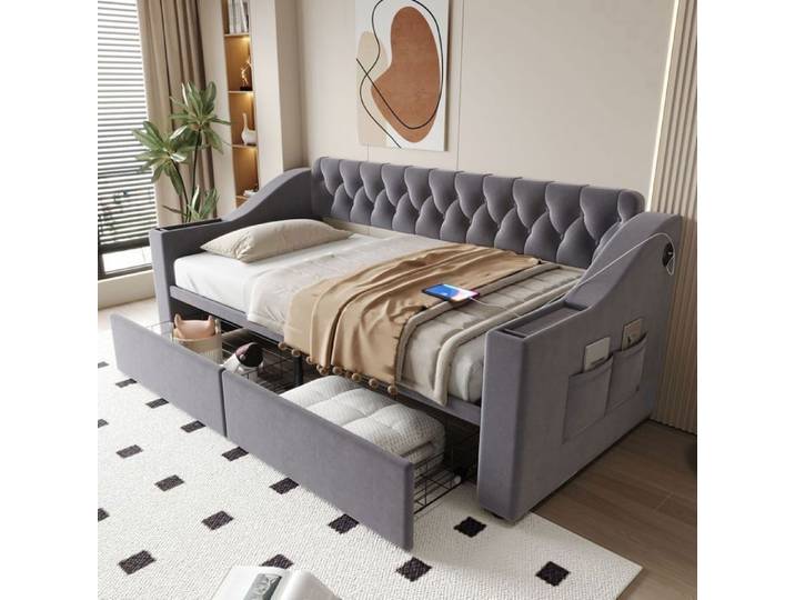 Lit banquette - SOGEU - Lit banquette 90x190 cm - Velours gris capitonné - 2 tiroirs sur roulettes - Ports USB A & C