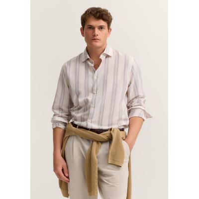 Streifenhemd BUGATTI "Loose Fit", Herren, Gr. L, Normalgrößen, 80, braun, Canvas, 85% Lyocell, 15% Leinen, gestreift, loose fit, Hemden, gestreift mit Kentkragen