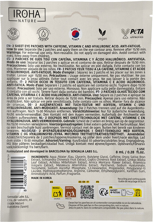 Iroha Nature Cafeina parches contorno de ojos 8 ml