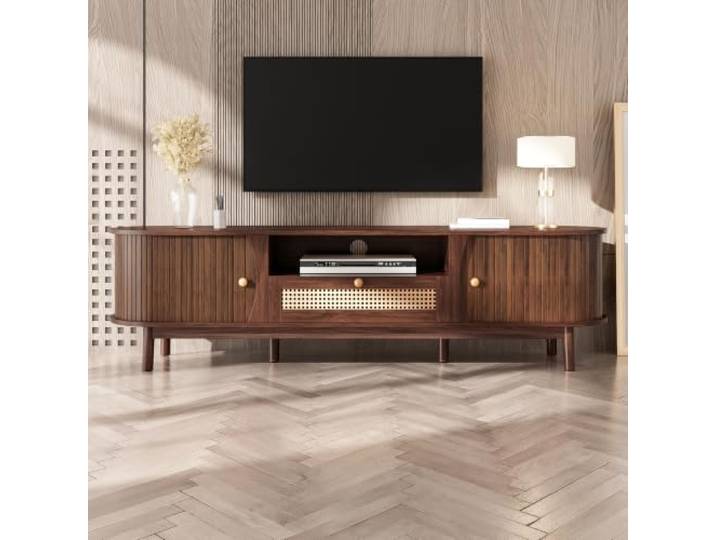 QQJIN TV-Schrank Rattan Massivholz Türen Schubladen Landhausstil Wohnzimmer 165cm Walnussholz Fernsehschrank mit Offenem und Verdecktem Stauraum, TV-Board als TV-Möbel und TV-Kommode