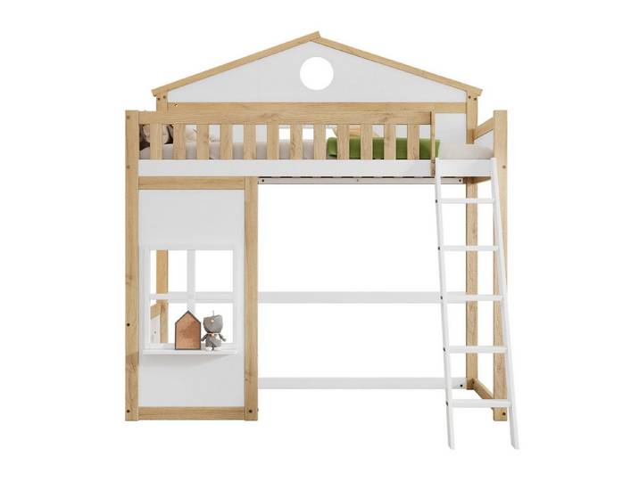 Odikalo Etagenbett Kinderbett Hausbett Treppe Fallschutz gestaltetes Weiß+Natur 90x200cm